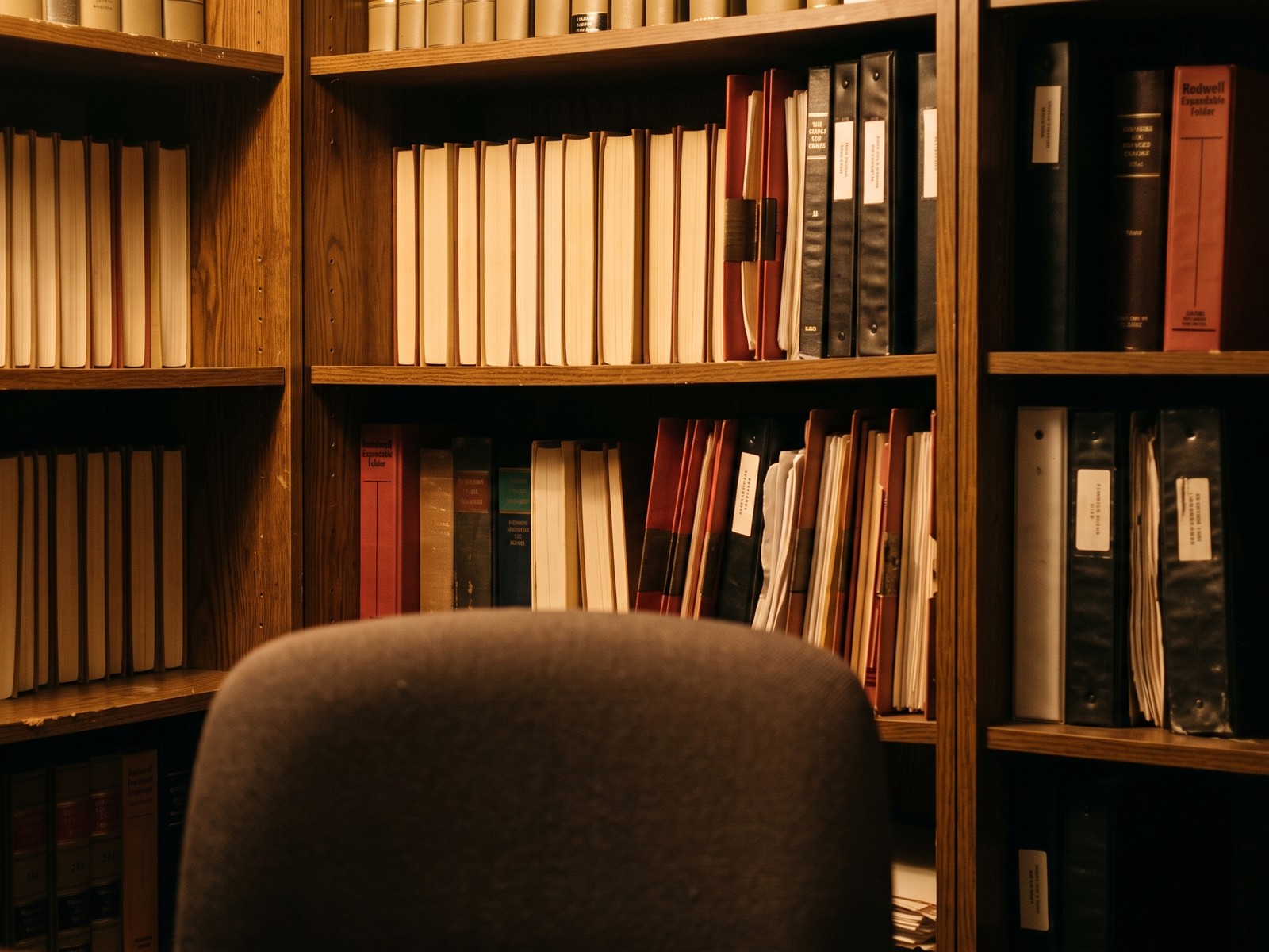 Warm wooden shelves of law books, no marble busts