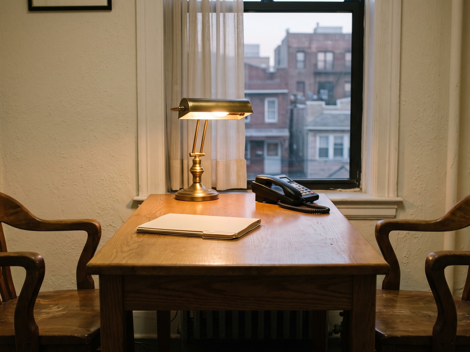 Empty consultation table with two chairs and a telephone