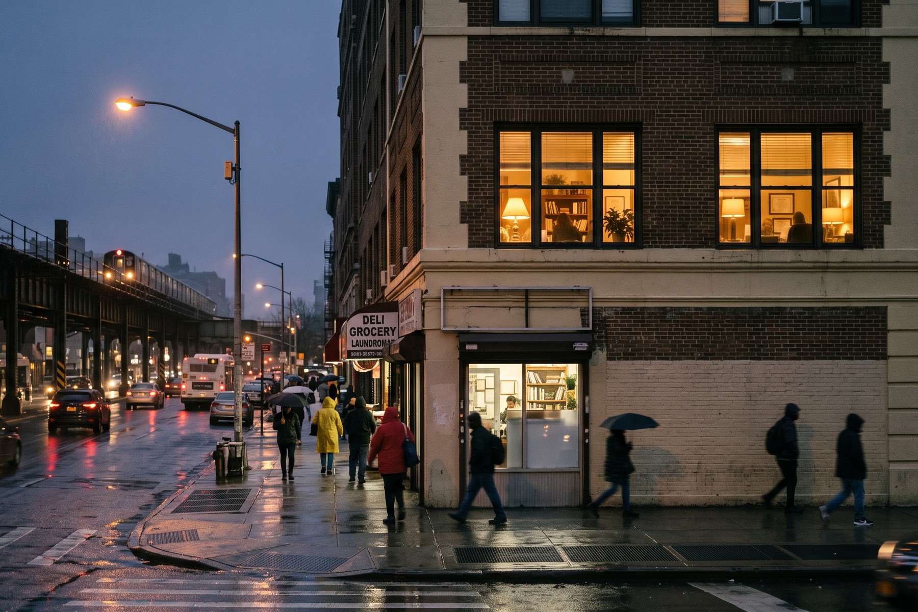Neighborhood storefront law office on a Bronx avenue at dusk