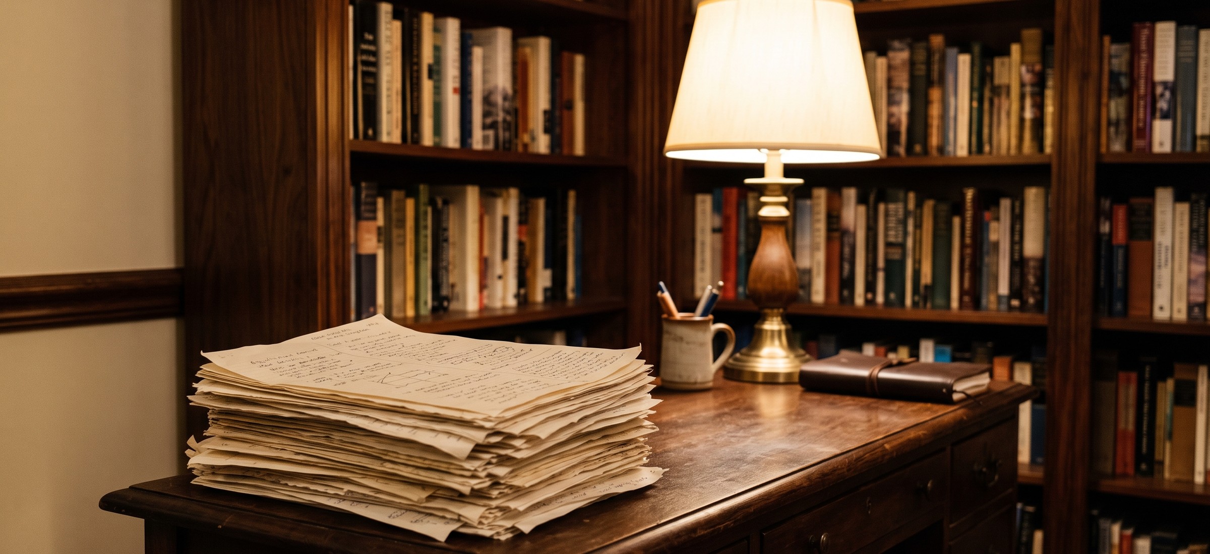 Quiet study with a stack of papers and warm lamp light