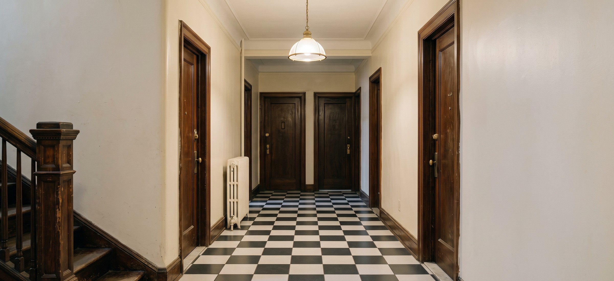 Quiet apartment hallway with warm wall light