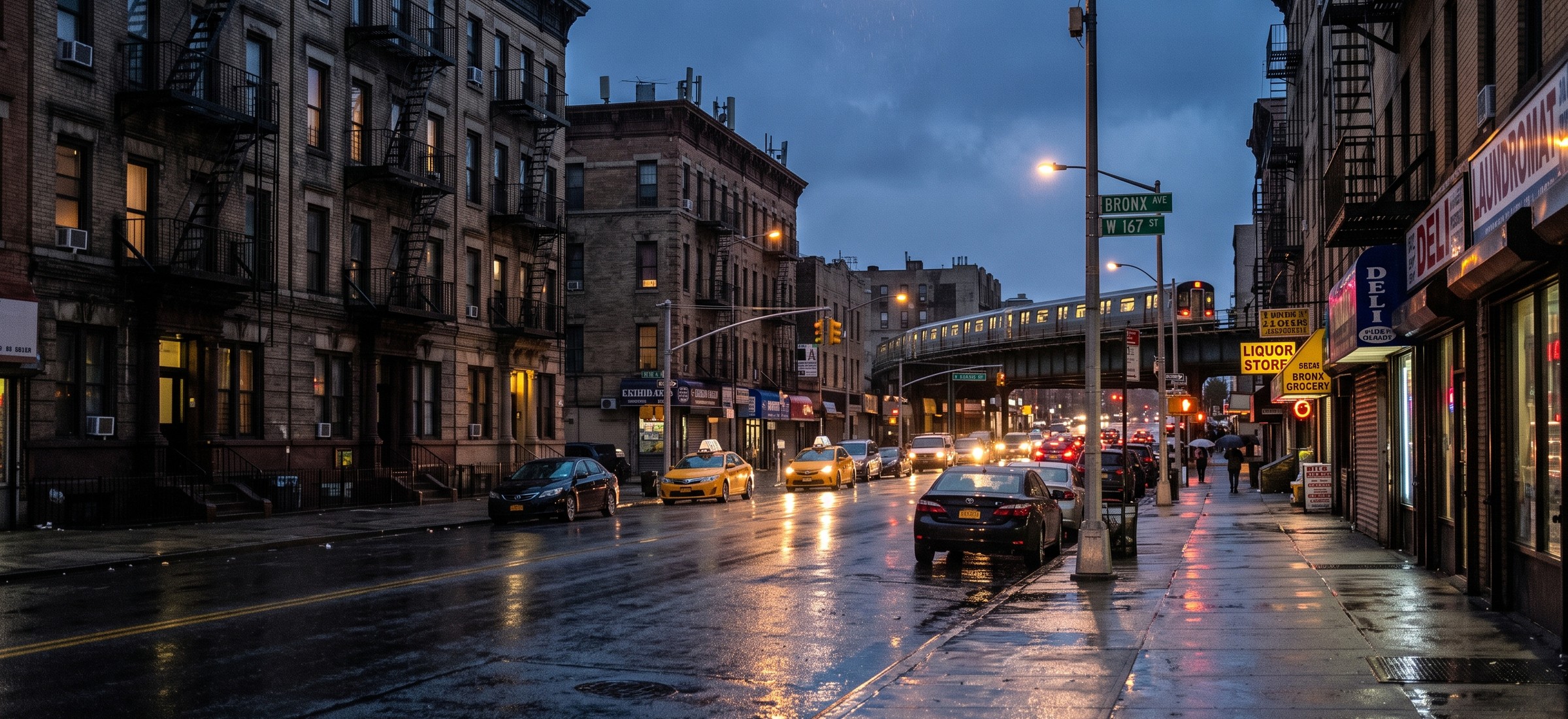 Bronx avenue with rain sheen and empty sidewalk