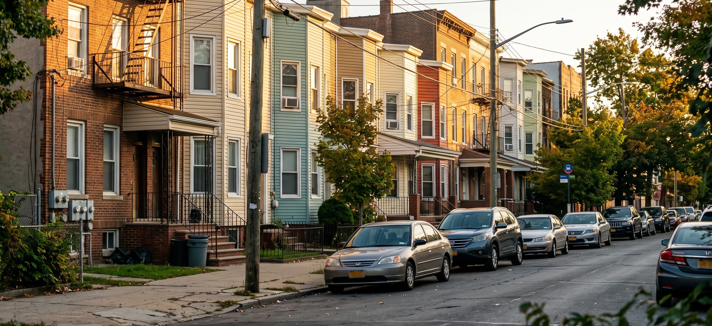 Bronx row houses in late-day light