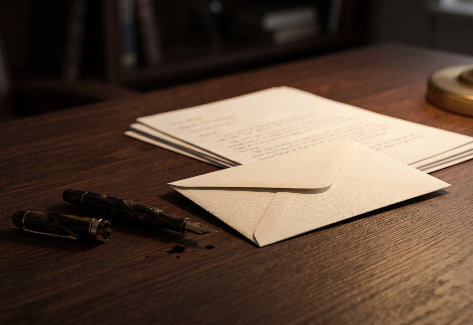 Quiet desk with estate documents and a fountain pen