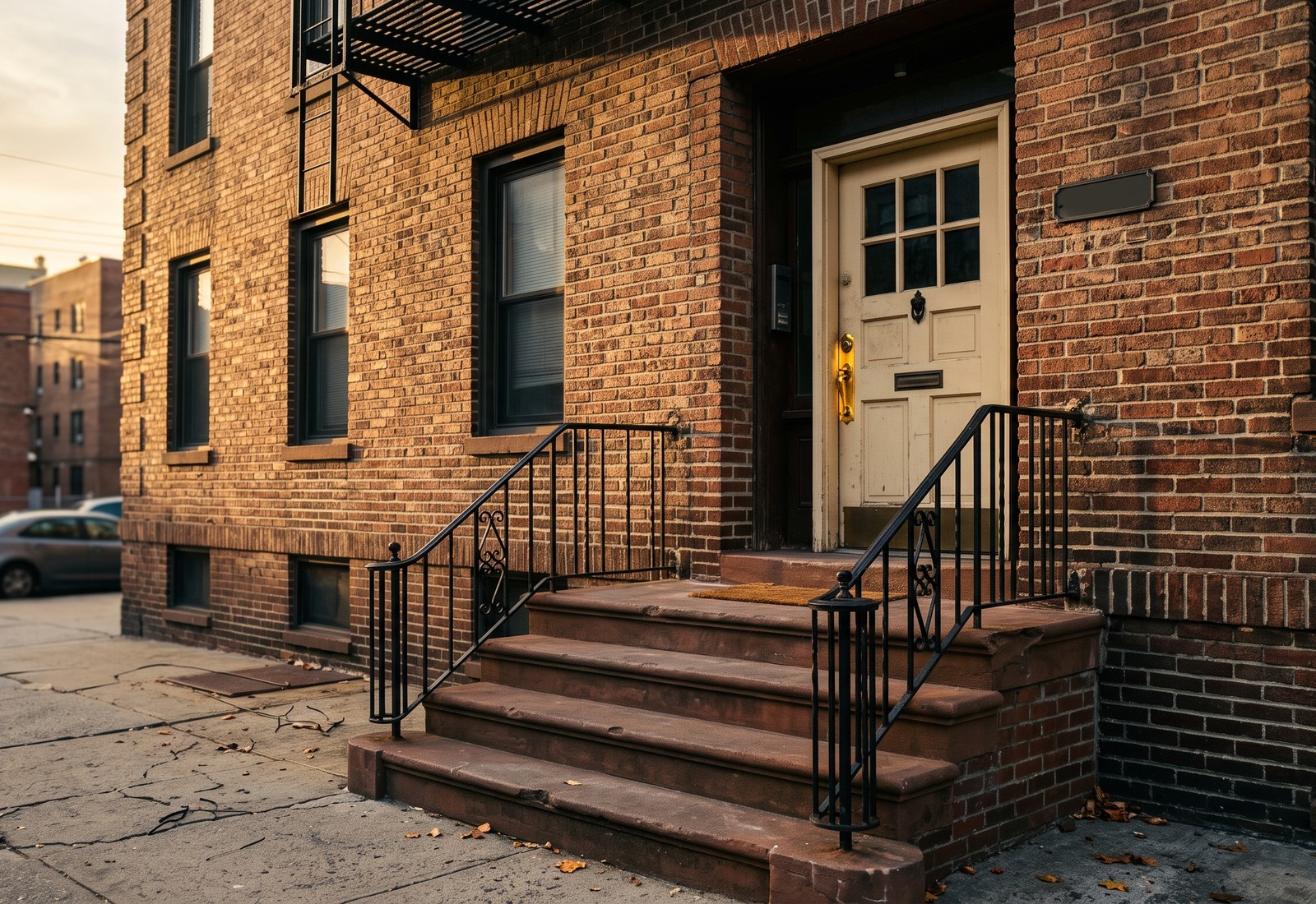 Brick Bronx walk-up stoop in late-afternoon light