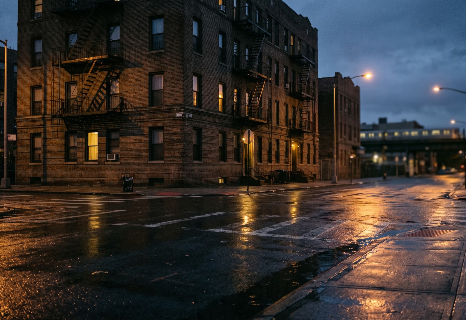 Rain-darkened Bronx street after a storm, empty of people